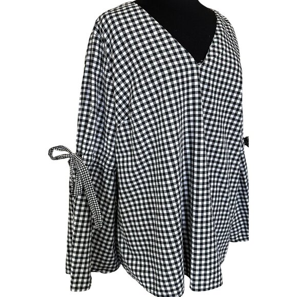 Ava & Viv Gingham V-neck Blouse w/Sleeve Ties Cotton Blend Women's Plus Size 1X - Picture 2 of 16